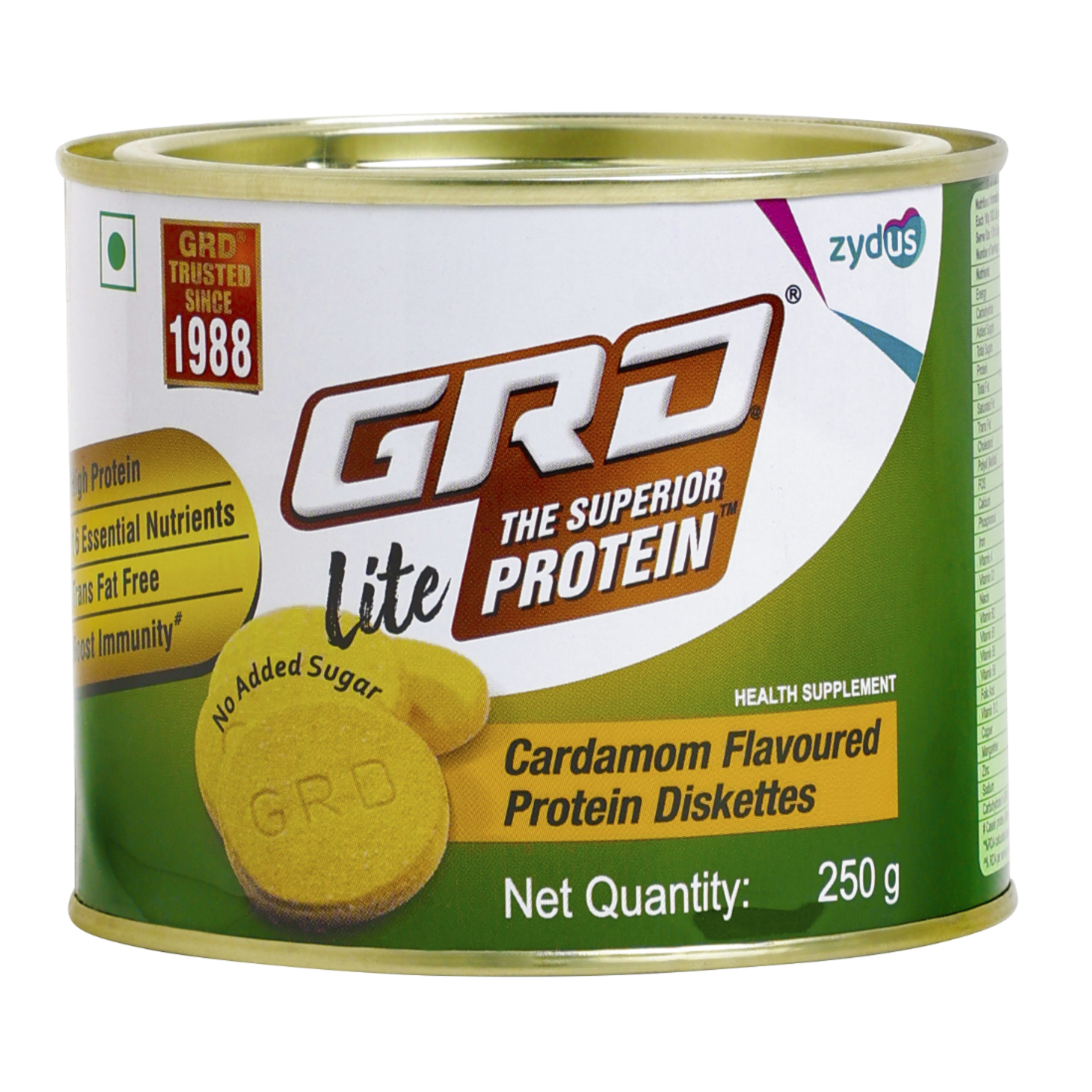 GRD Lite Superior Protein Diskettes, Tasty Sugarless Biscuits with Zero Cholesterol, 18 Essential Nutrients & Protein for Muscle Growth and Good Health (250g) – Cardamom Flavour