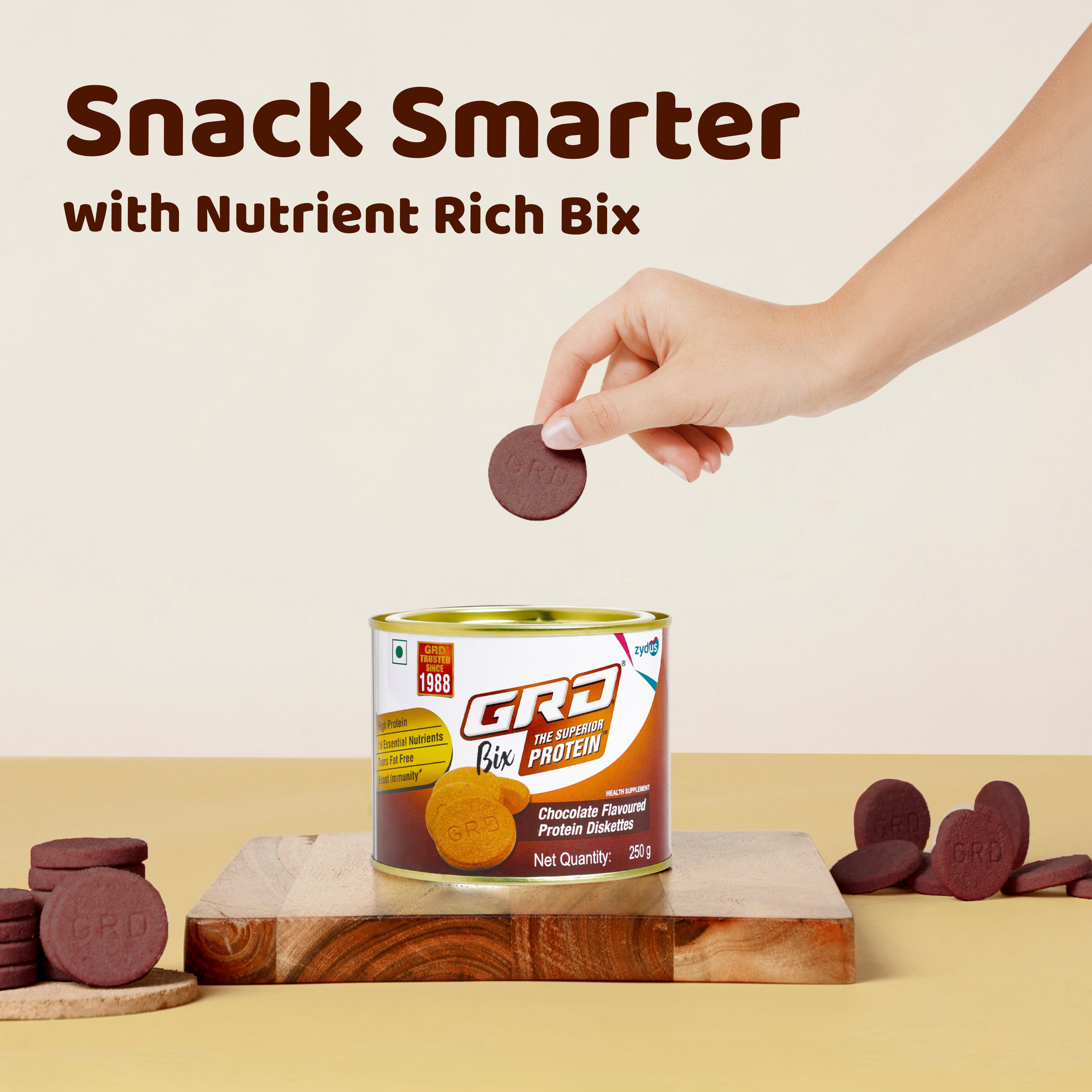 GRD Bix Superior Protein Diskettes, Healthy Tasty Biscuits Enriched with Protein and 18 Essential Nutrients for Healthy Living (250g) – Chocolate Flavour