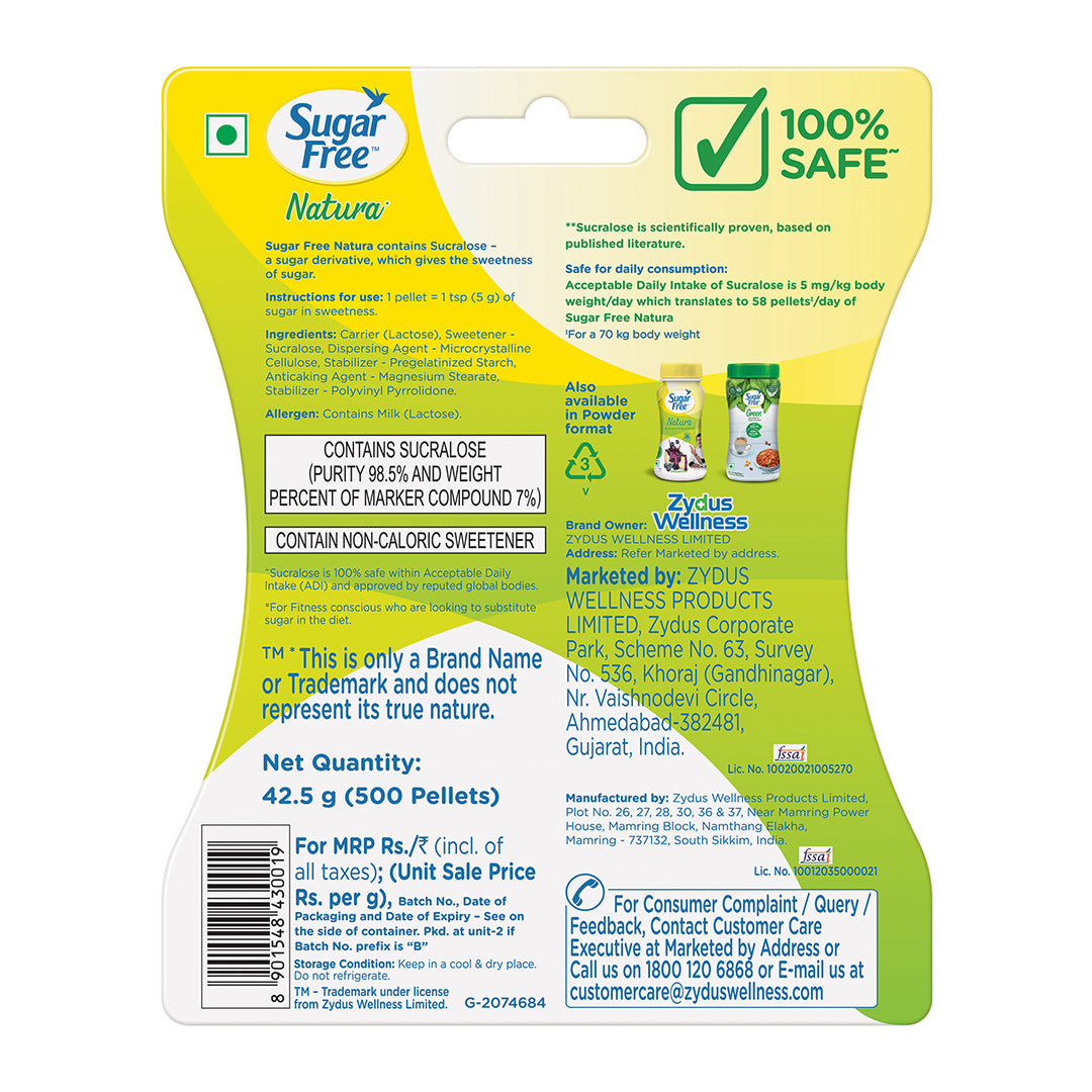 Sugar Free Natura, 500 Pellets|100% Safe| Scientifically Proven & Tested|Sweet like Sugar but with zero calories| 42.5g