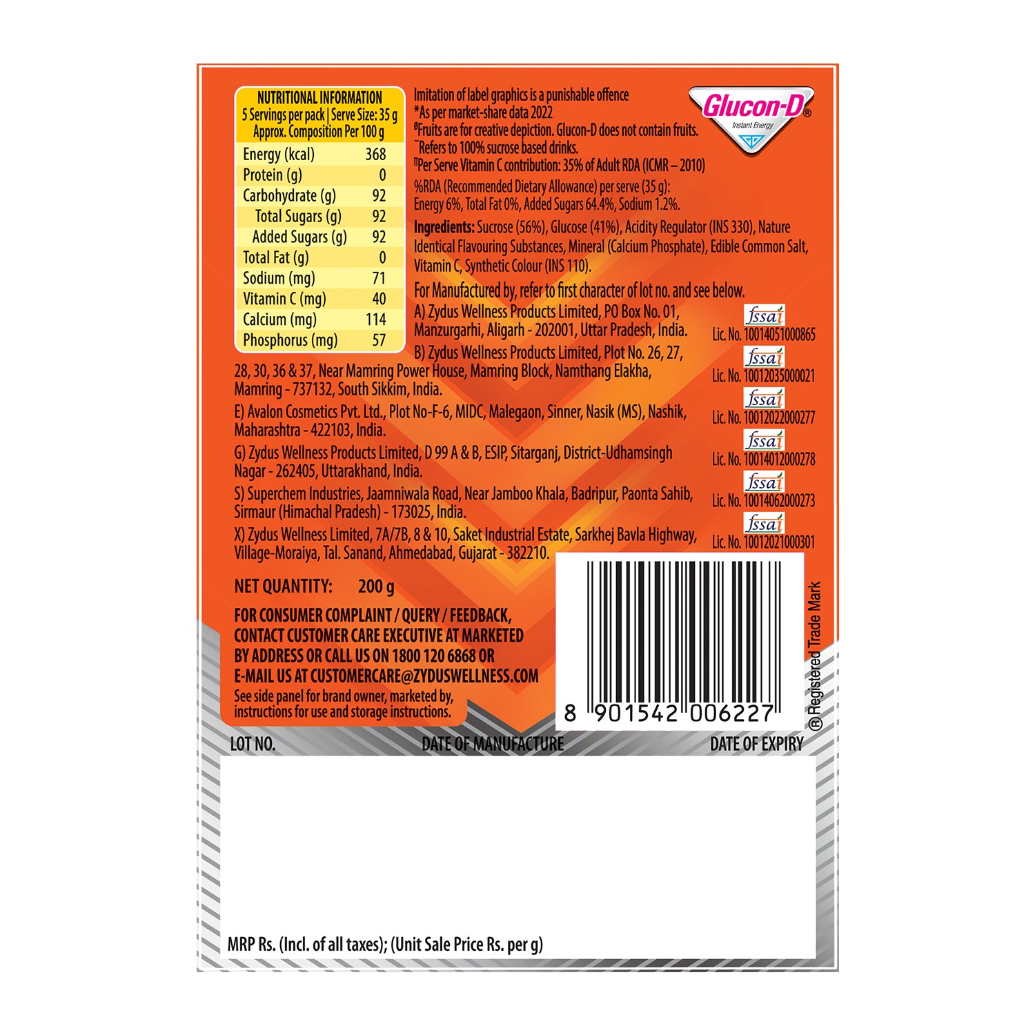 Glucon-D Tangy Orange Glucose Powder(200g, Refill)| For Tasty Orange Flavoured Glucose Drink| Provides Instant Energy| Vitamin C Supports Immunity| Contains Calcium for Bone