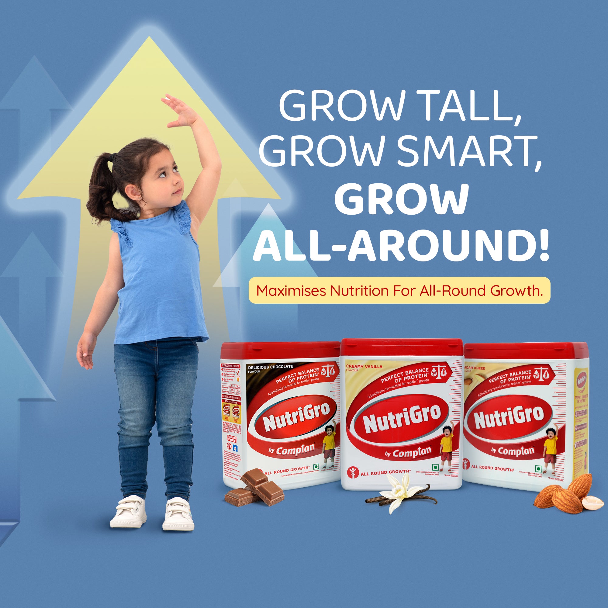 Nutrigro By Complan Tasty Nutritious Drink Powder for Kids (2 to 6 years), Milk Protein Based Drink with 33 Essential Vitamins and Minerals for Child's Growth (200g Carton) - Delicious Chocolate