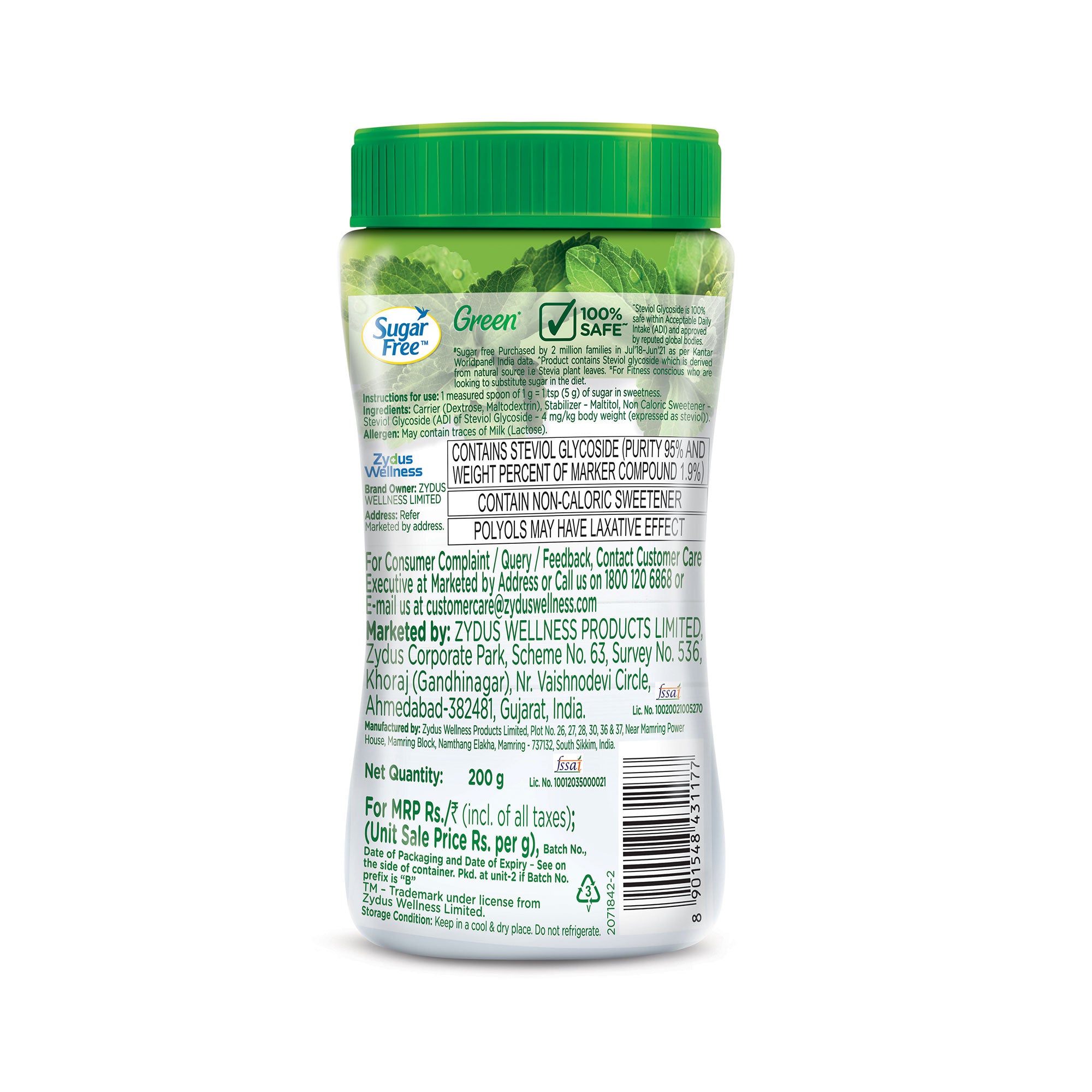 Sugar Free Green Stevia Jar, 200 g | 100% Plant-based Natural Sweetener | Equivalent to Sweetness from 1Kg Sugar | 100% Natural Stevia leaves| Sweet like Sugar but with zero calories|