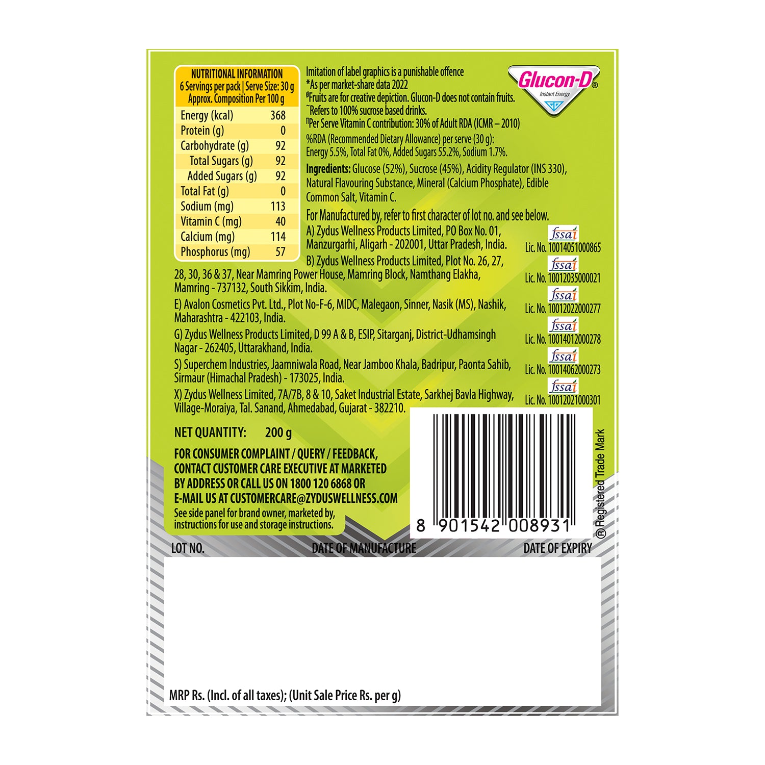 Glucon-D Nimbu Pani Glucose Powder(200g, Refill)| For Tasty Tangy Flavoured Glucose Drink| Provides Instant Energy| Vitamin C Support Immunity| Contains Calcium for Bone