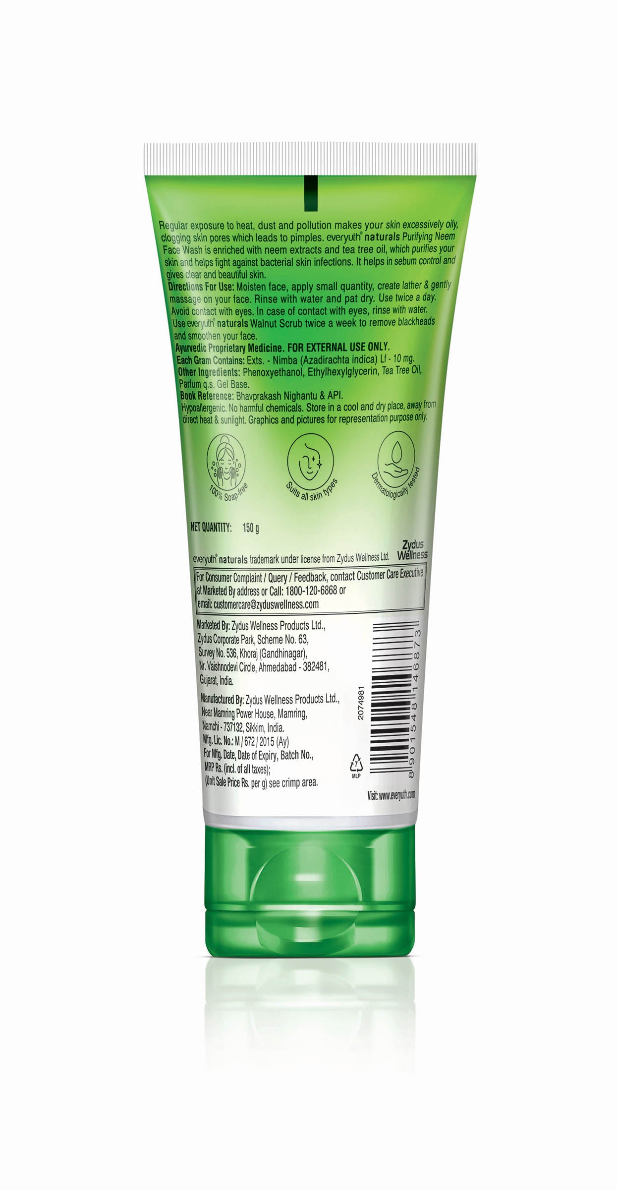 Everyuth Naturals Purifying Neem Face Wash|Antibacterial Neem & Tea Tree Oil|Hydrated, Clear & Healthy Skin|Paraben free|100% Soap Free|Oily, Dry, Normal, Combination & Sensitive Skin -150 g