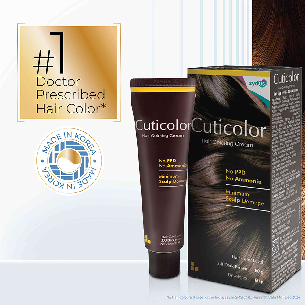Cuticolor Permanent Hair Color Cream|#1 Dr prescribed|Suitable for Sensitive Skin|Eco Mechanism for Preserving Scalp Health|No Ammonia|No PPD|Enriched with Portulaca & Boseivela Extracts -Dark Brown (60g)